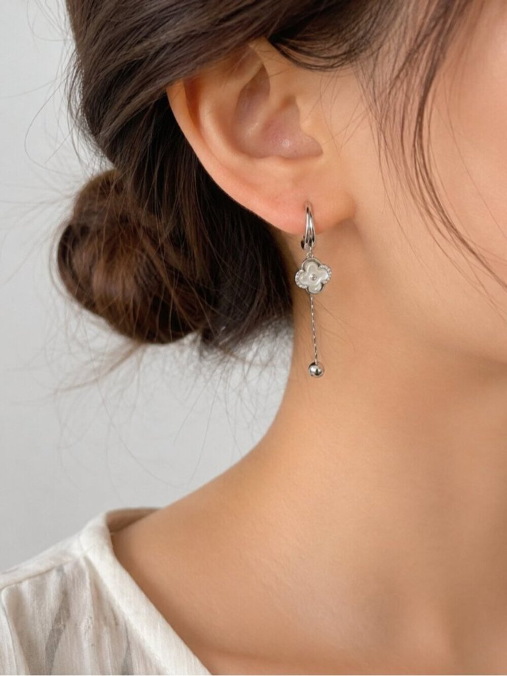 Silver Flower Dangle Earrings with Mother of Pearl Clover Charm & Ball Drop